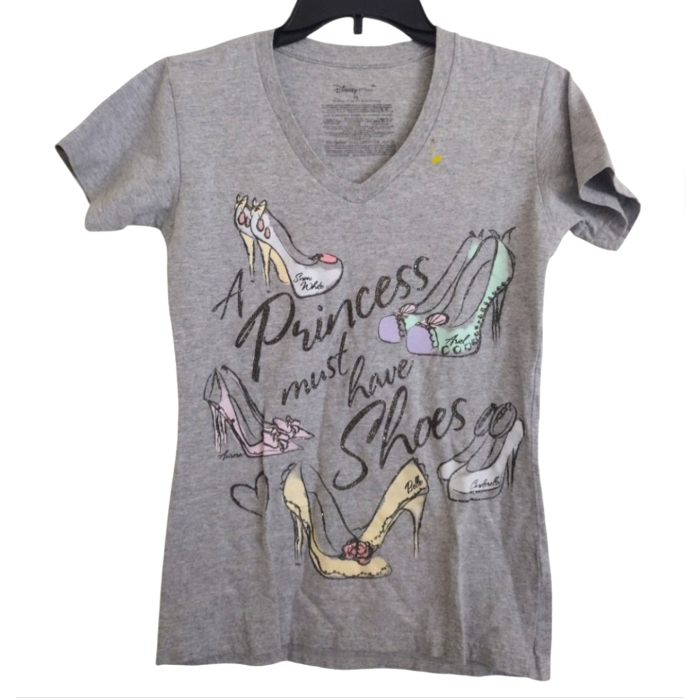 Disney Grey T-Shirt with Colorful Princess Shoe Design Cotton Blend Size XS